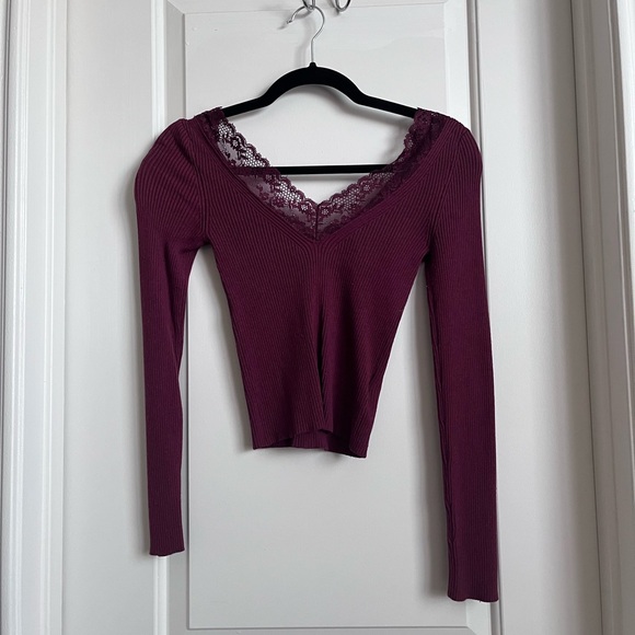 Deep Red Burgundy Lace Ribbed Sweater - Picture 3 of 4